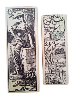 2 x NEW Magenta Rubber Stamps Vintage Lady in Orchard & European Village Scene